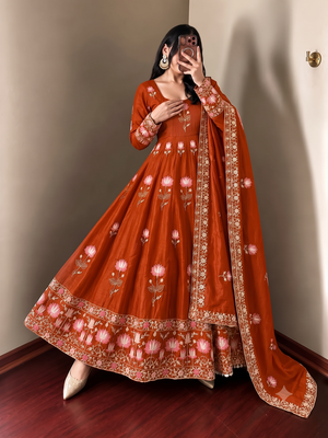 Women orange embroidered anarkali kurta with pant & dupatta set 3
