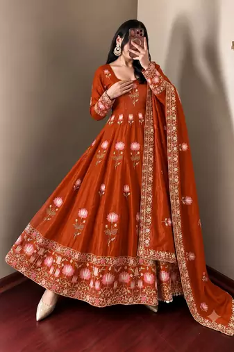 Women orange embroidered anarkali kurta with pant & dupatta set
