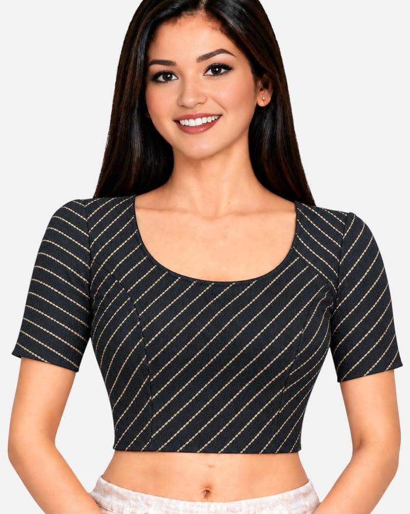 Black cotton spandex golden woven zari design stretchable readymade saree blouse