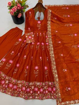 Women orange embroidered anarkali kurta with pant & dupatta set 4