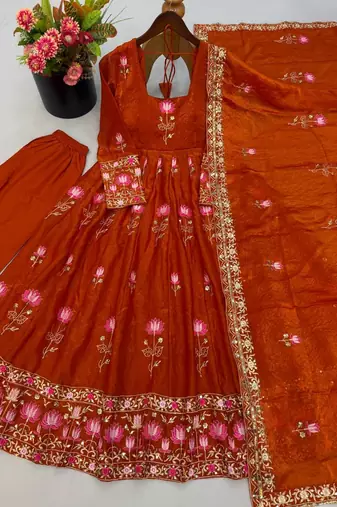 Women orange embroidered anarkali kurta with pant & dupatta set