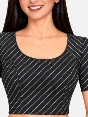 Black cotton spandex golden woven zari design stretchable readymade saree blouse 4