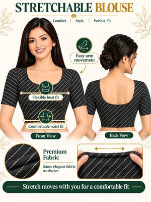Black cotton spandex golden woven zari design stretchable readymade saree blouse 5