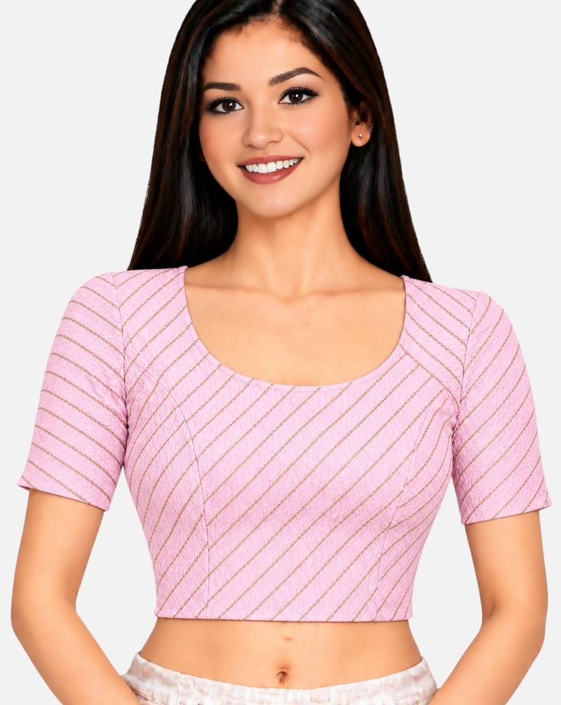 Baby pink cotton spandex golden woven zari design stretchable readymade saree blouse