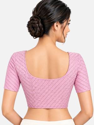 Baby pink cotton spandex golden woven zari design stretchable readymade saree blouse 2