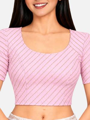 Baby pink cotton spandex golden woven zari design stretchable readymade saree blouse 4
