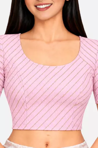 Baby pink cotton spandex golden woven zari design stretchable readymade saree blouse