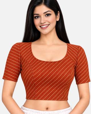 Chocolate brown cotton spandex golden woven zari design stretchable readymade saree blouse 1