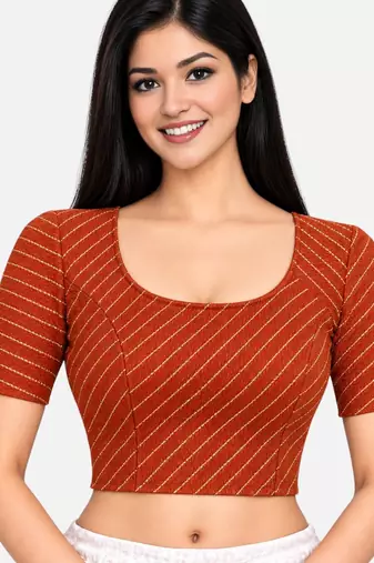 Chocolate brown cotton spandex golden woven zari design stretchable readymade saree blouse