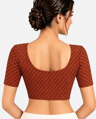 Chocolate brown cotton spandex golden woven zari design stretchable readymade saree blouse 2