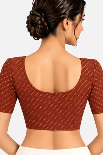 Chocolate brown cotton spandex golden woven zari design stretchable readymade saree blouse