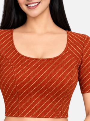 Chocolate brown cotton spandex golden woven zari design stretchable readymade saree blouse 4