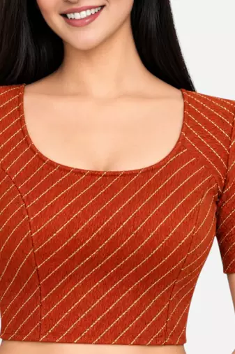 Chocolate brown cotton spandex golden woven zari design stretchable readymade saree blouse