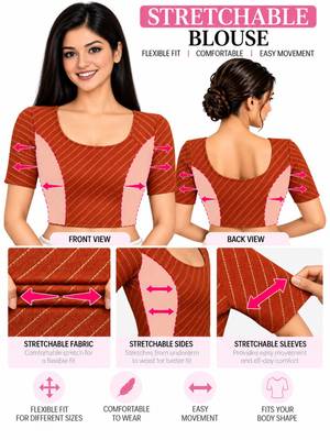 Chocolate brown cotton spandex golden woven zari design stretchable readymade saree blouse 5
