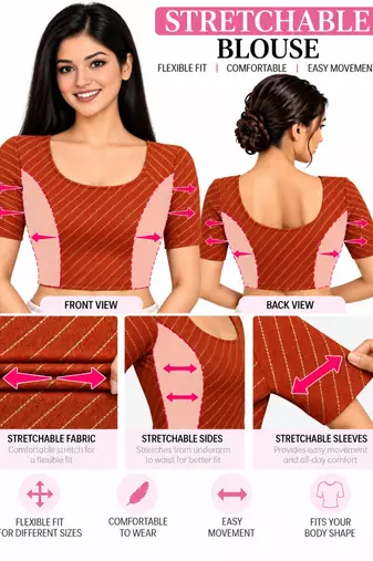 Chocolate brown cotton spandex golden woven zari design stretchable readymade saree blouse