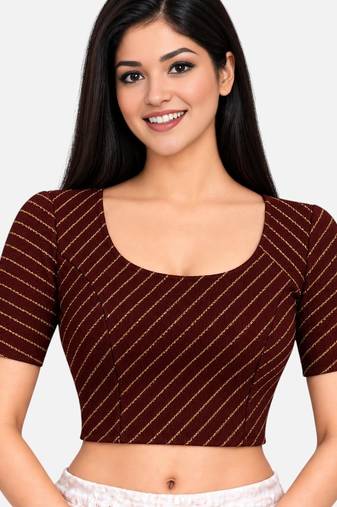 Brown cotton spandex golden woven zari design stretchable readymade saree blouse