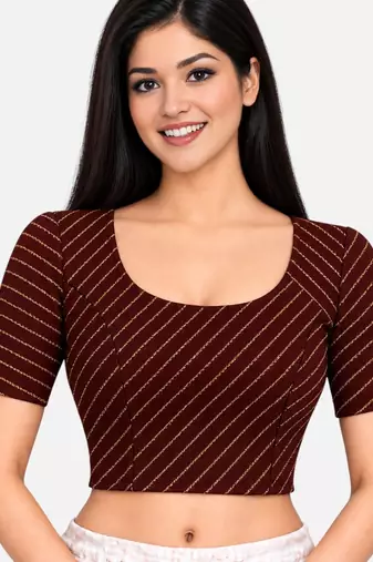 Brown cotton spandex golden woven zari design stretchable readymade saree blouse