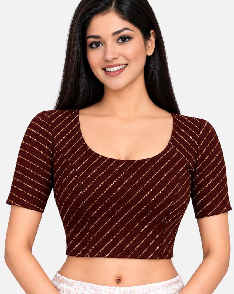 Brown cotton spandex golden woven zari design stretchable readymade saree blouse
