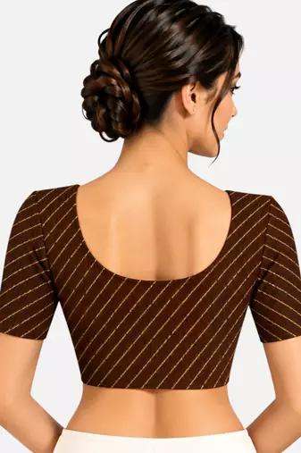 Brown cotton spandex golden woven zari design stretchable readymade saree blouse