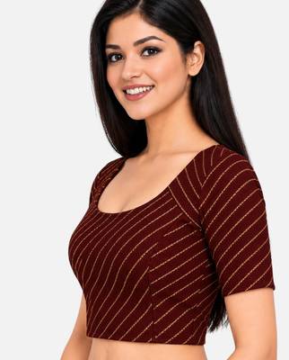 Brown cotton spandex golden woven zari design stretchable readymade saree blouse 3