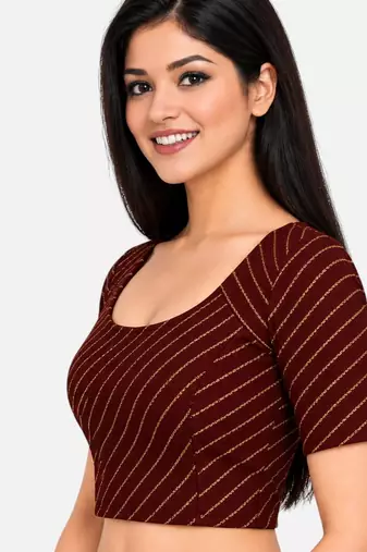 Brown cotton spandex golden woven zari design stretchable readymade saree blouse