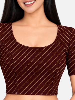 Brown cotton spandex golden woven zari design stretchable readymade saree blouse 4