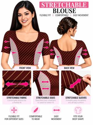 Brown cotton spandex golden woven zari design stretchable readymade saree blouse 5