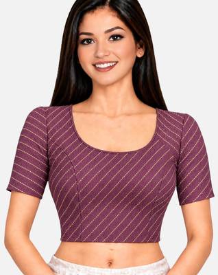 Light wine cotton spandex golden woven zari design stretchable readymade saree blouse 1