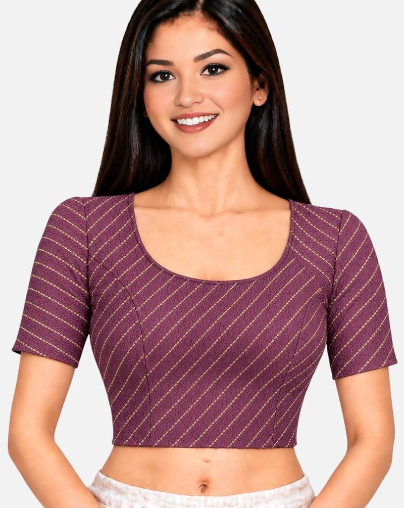 Light wine cotton spandex golden woven zari design stretchable readymade saree blouse