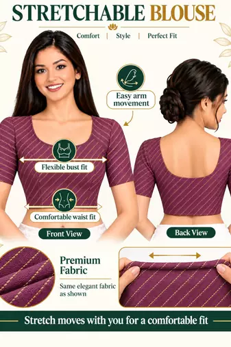 Light wine cotton spandex golden woven zari design stretchable readymade saree blouse