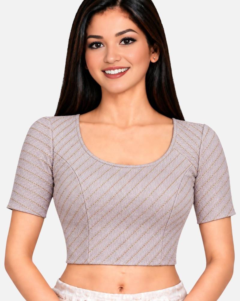 Light pink cotton spandex golden woven zari design stretchable readymade saree blouse