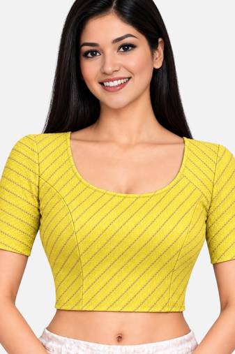 Yellow cotton spandex golden woven zari design stretchable readymade saree blouse