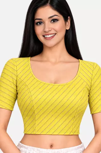 Yellow cotton spandex golden woven zari design stretchable readymade saree blouse