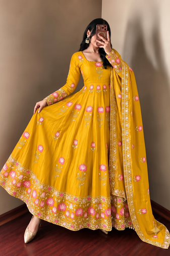 Women yellow embroidered anarkali kurta with pant & dupatta set