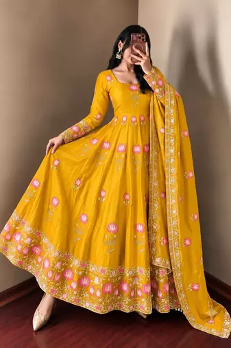 Women yellow embroidered anarkali kurta with pant & dupatta set