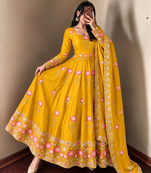 Women yellow embroidered anarkali kurta with pant & dupatta set