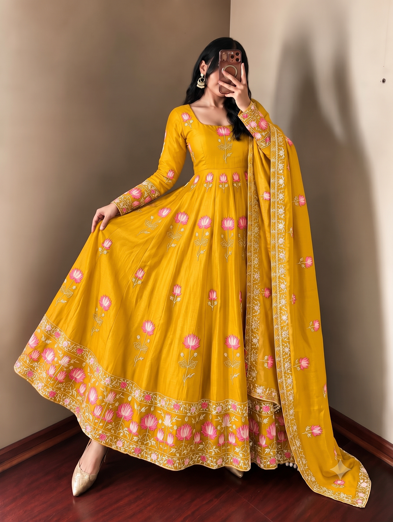 Women yellow embroidered anarkali kurta with pant & dupatta set