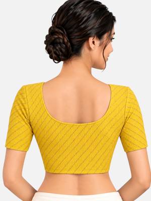 Yellow cotton spandex golden woven zari design stretchable readymade saree blouse 2