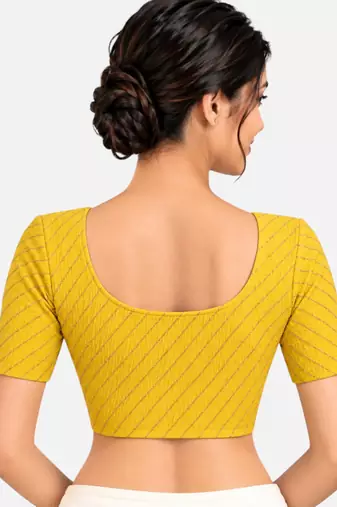 Yellow cotton spandex golden woven zari design stretchable readymade saree blouse