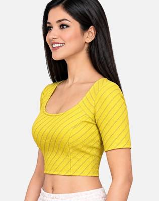 Yellow cotton spandex golden woven zari design stretchable readymade saree blouse 3
