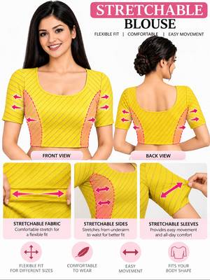 Yellow cotton spandex golden woven zari design stretchable readymade saree blouse 5