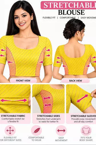 Yellow cotton spandex golden woven zari design stretchable readymade saree blouse