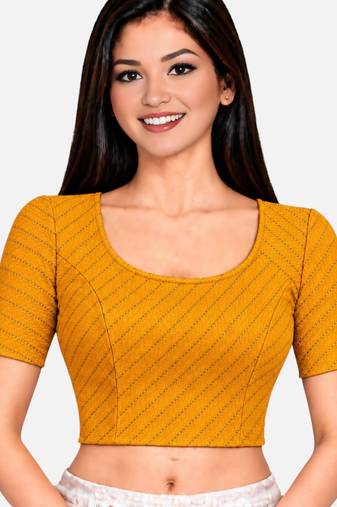 Mustard cotton spandex golden woven zari design stretchable readymade saree blouse