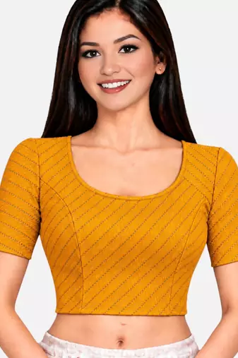 Mustard cotton spandex golden woven zari design stretchable readymade saree blouse