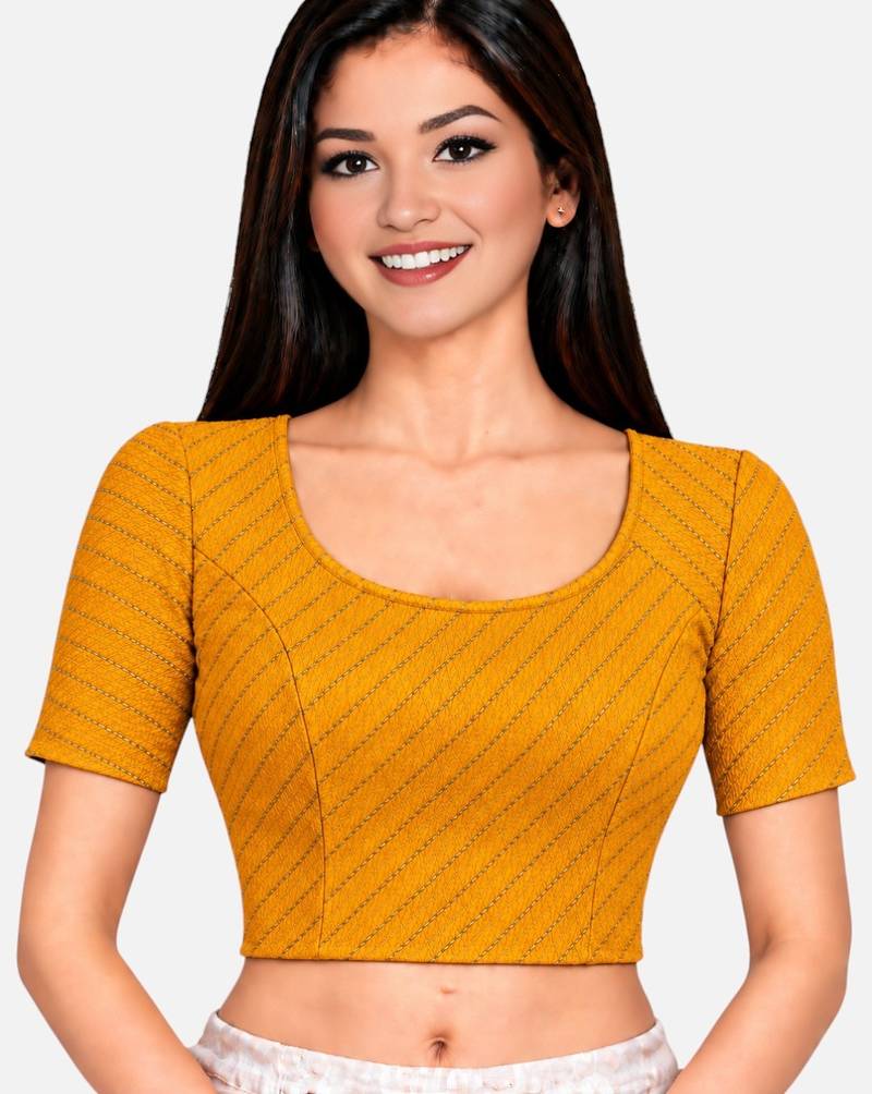 Mustard cotton spandex golden woven zari design stretchable readymade saree blouse