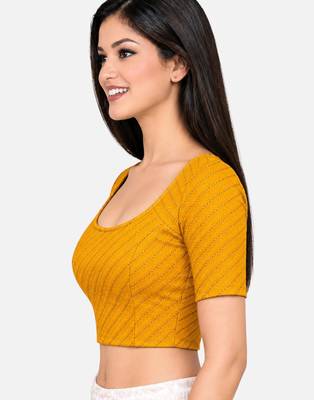 Mustard cotton spandex golden woven zari design stretchable readymade saree blouse 3