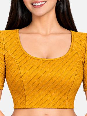 Mustard cotton spandex golden woven zari design stretchable readymade saree blouse 4