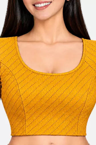 Mustard cotton spandex golden woven zari design stretchable readymade saree blouse