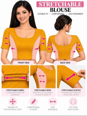 Mustard cotton spandex golden woven zari design stretchable readymade saree blouse 5
