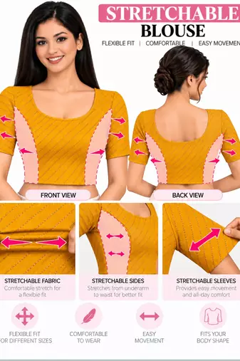 Mustard cotton spandex golden woven zari design stretchable readymade saree blouse